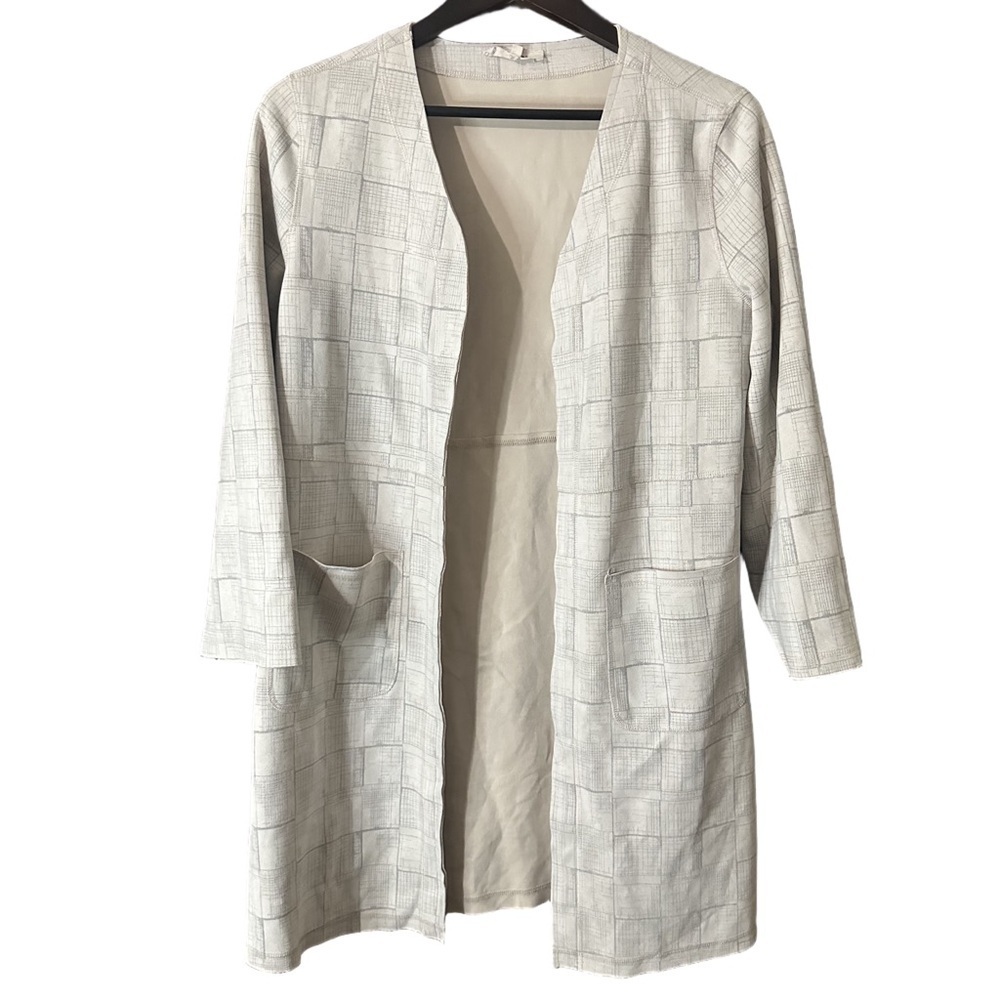 Laffaire Rustic Patchwork Square Cream Light Grey Open Front Cardigan Sz M